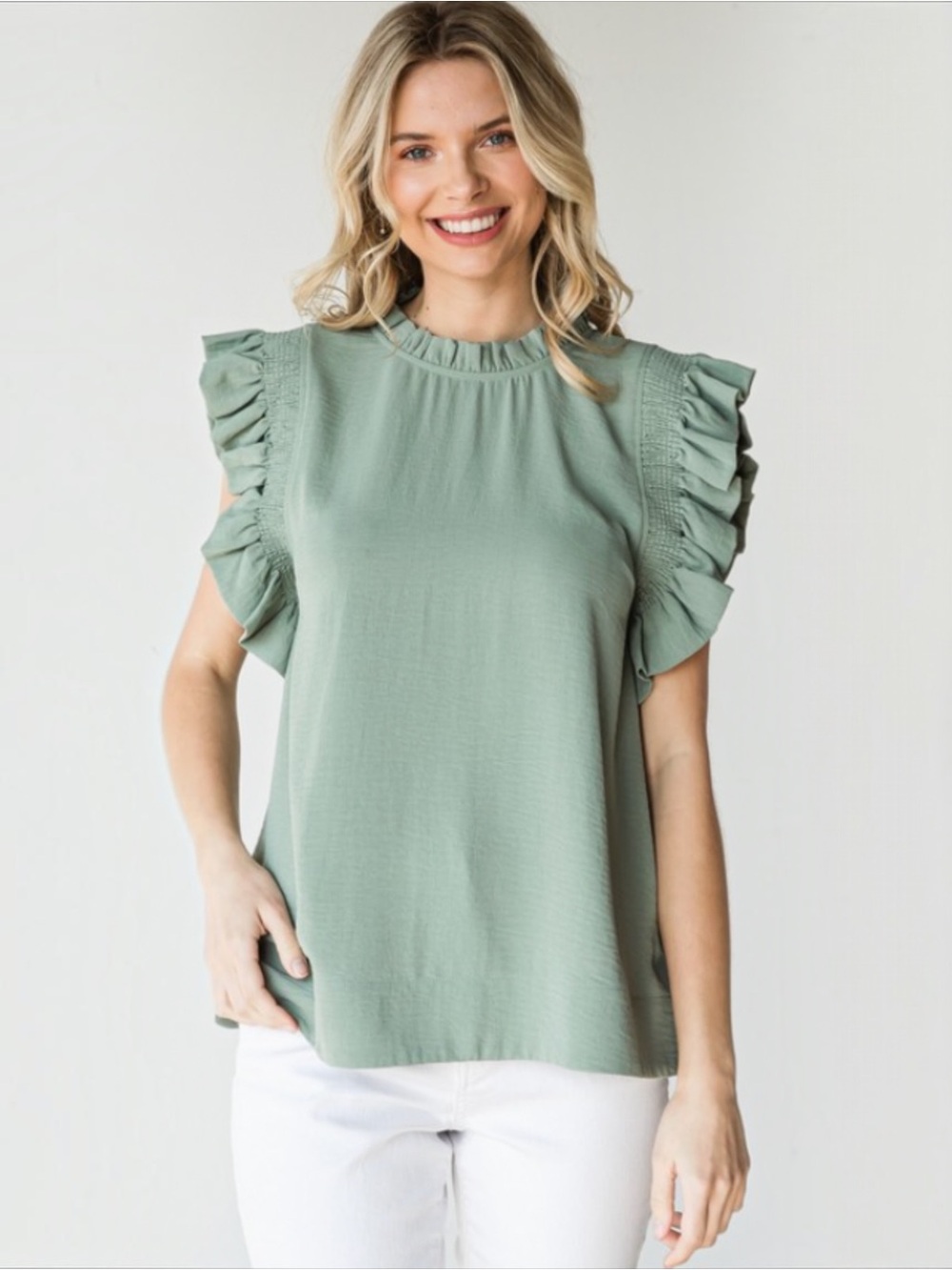 Jodifl Sage Green Smocked Ruffle Sleeve Top Sz Medium